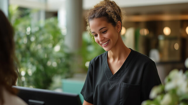 Faceless female receptionist in black uniform works at the front desk of a modern clinic or spa, engaging with a client in the waiting area. Defocused interior background. Clinic