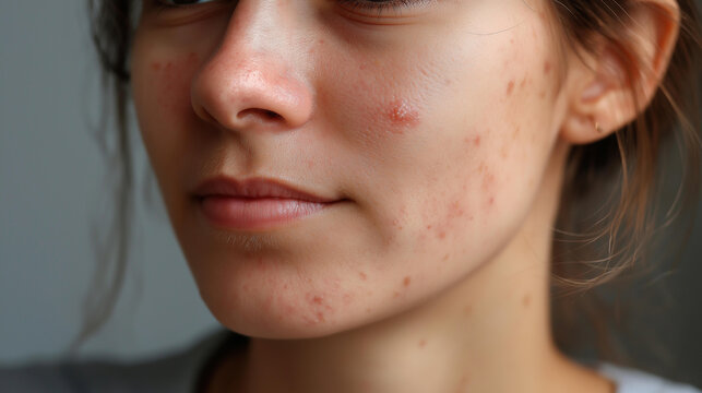 Authentic close-up of a bare woman's face showing natural acne and blemishes in an unedited detailed image. Skin positivity, natural skin texture, acne awareness, unfiltered