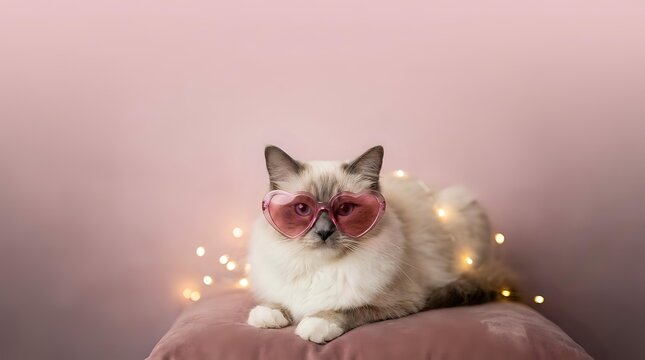 Adorable ragdoll cat wearing heart-shaped sunglasses sitting on pink cushion with warm fairy lights creating romantic Valentine atmosphere.
