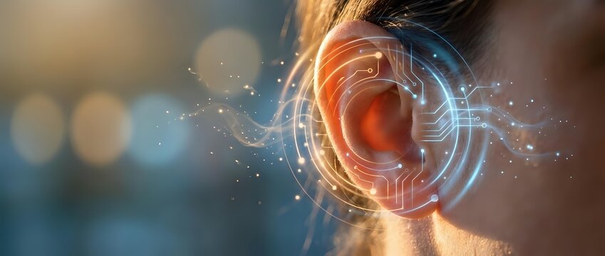 Close-up of human ear with digital sound wave visualization and glowing particles, representing hearing technology and audio processing concepts.