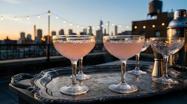 Elegant pink cocktails on ornate silver tray with city skyline at sunset. Luxury rooftop dining and sophisticated evening entertainment concept.