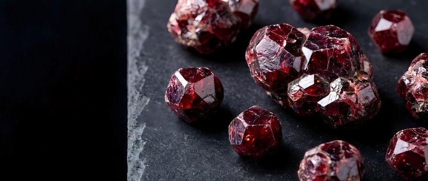 Raw red garnet gemstones with natural crystalline facets scattered on dark slate surface for jewelry making and mineral collection displays.