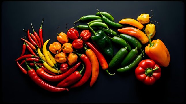 Colorful assortment of fresh hot peppers including red chili, green jalape&ntilde;o, orange habanero and yellow varieties arranged on dark background for cooking.