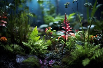 Obraz premium Lush green and red plants thriving in a vibrant, glowing fantasy forest environment