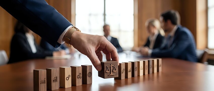 Business professional placing wooden block with scales of justice symbol among domino blocks during corporate meeting, representing legal strategy and risk management.