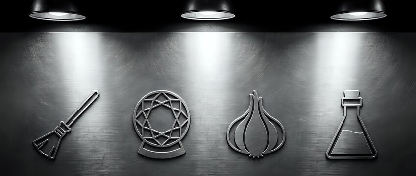 Witch craft symbols carved in stone wall under dramatic lighting featuring broom, pentagram, garlic and potion bottle for occult themed designs.