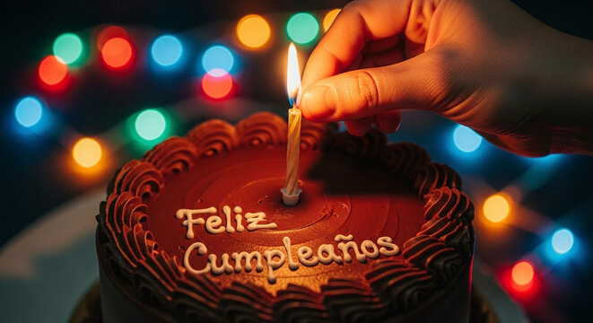 Hand lighting candle on chocolate birthday cake with Feliz Cumpleanos greeting and bokeh lights background
