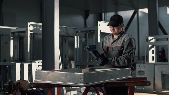 Assembly engineer stands by a metal structure and connects a battery to a rivet gun in the assembly shop of an industrial enterprise. 4K
