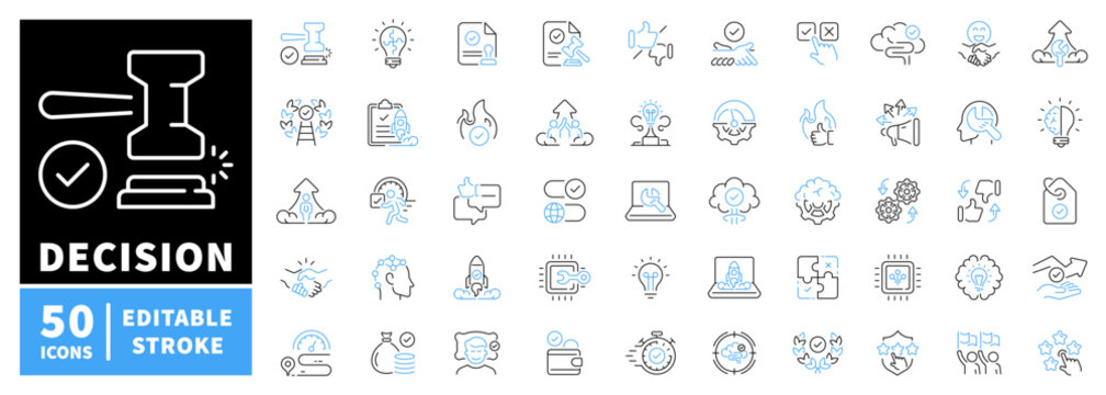 Decision making editable line icons set. judgment, choice, and solution symbols