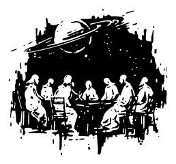 Surreal space council meeting around table with giant planet saturn overhead vector illustration © UrbanDruid