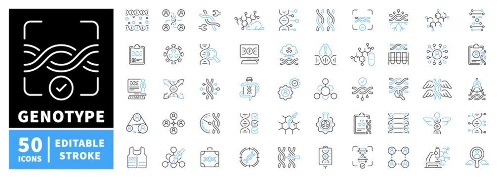 Genotype editable line icons set: dna, genetics, and bioinformatics symbols