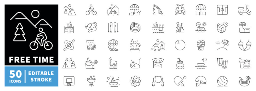 Free time icons set. editable line icons, linear leisure and activity symbols
