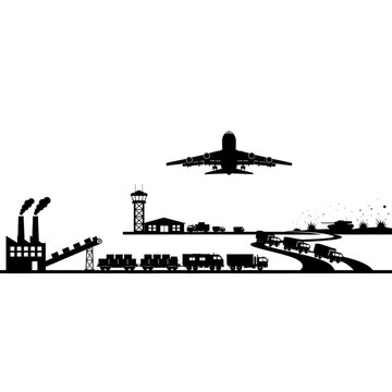 Silhouette of industrial and military elements including a factory, train, airport, and vehicles on a road, depicting integrated logistics and infrastructure.