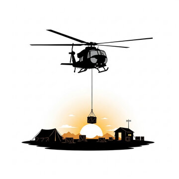 Black silhouette illustration of a helicopter carrying cargo over a military base at sunset, depicting essential air support, logistics, and supply delivery in a remote or conflict zone.