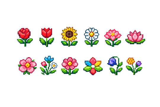 Collection of pixel art flowers in various colors and styles on a white background