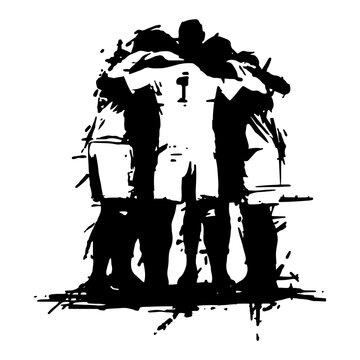 Soccer players hugging in a team huddle black and white grunge vector illustration