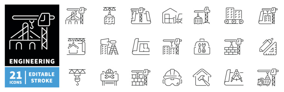 Engineering icons set. editable line icons, linear construction and development symbols