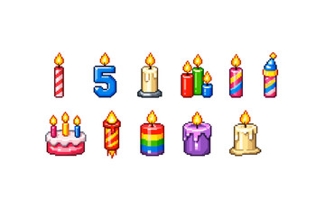 Obraz premium Collection of pixel art birthday candles and cake for festive celebrations