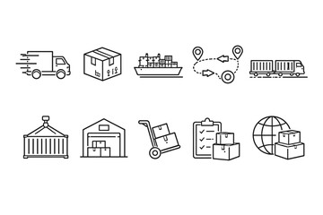 Fototapeta premium Logistics and delivery icons showing various transportation and storage methods