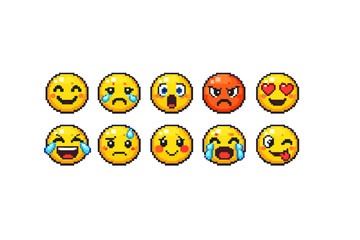 Obraz premium Collection of pixel art emojis expressing various emotions and reactions