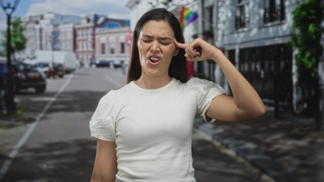 Woman points finger to temple on city street while grimacing at noise and traffic; frustration disbelief.