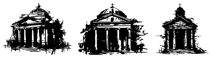 Obraz premium Set of three classical temple and church buildings in a gritty black ink architectural sketch style