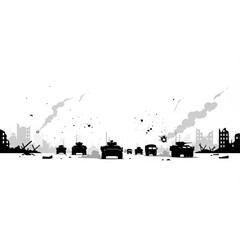 Obraz premium Silhouette of military tanks and vehicles advancing through a destroyed city, depicting conflict, destruction, and the aftermath of war.