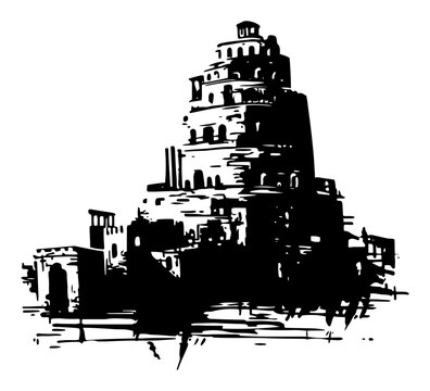 Grungy ink illustration of the Tower of Babel or an ancient ziggurat monument