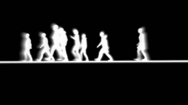 People crossing over bridge. Crowd walking across bridge.  Phantoms traversing afterlife plane.
Blurred human silhouettes, group walks on bridge.
White figures moving over bridge.  3d animation render