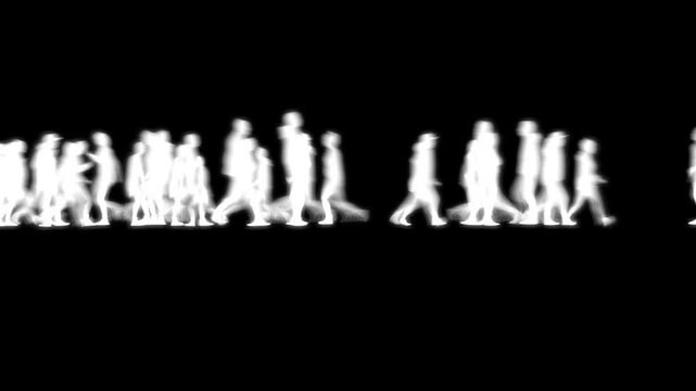 People crossing over bridge. Crowd walking across bridge.  Phantoms traversing afterlife plane.
Blurred human silhouettes, group walks on bridge.
White figures moving over bridge.  3d animation render