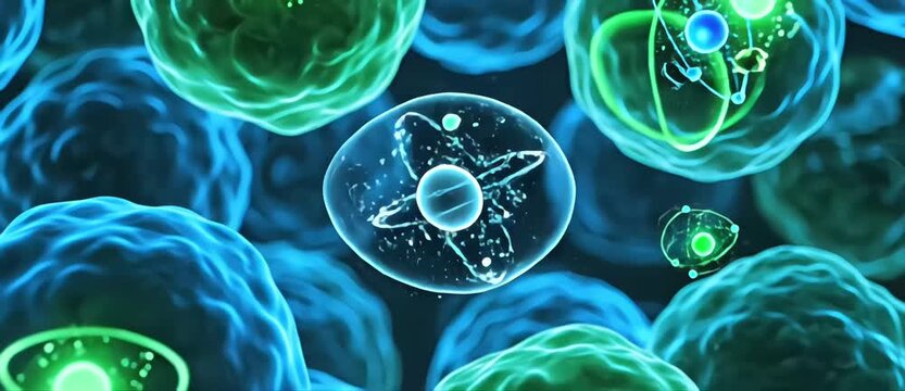 CGI animation transitioning from glowing blue bioluminescent jellyfish swimming underwater to a microscopic view of cells and atoms interacting with energy