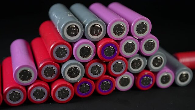 Battery cells extracted from inside assembly of high tech modules. Such as EV electric vehicles, electric e-bikes and computers cordless power parts. Energy storage and tech power.