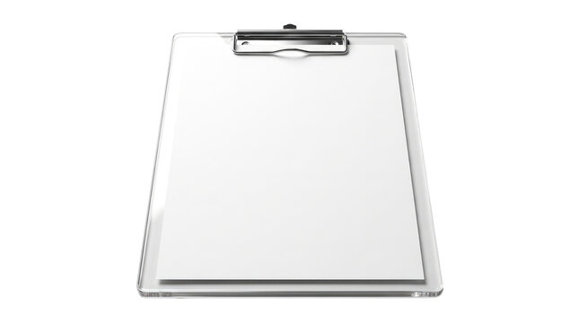 Transparent Clipboard with Blank White Paper and Metal Clip