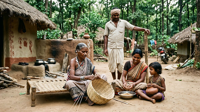 Adivasi Indigenous Tribal Family in Natural Village Setting Central Eastern India, Respectful Real Life and Dignity, Natural Village Light, Authentic Indigenous Community India
