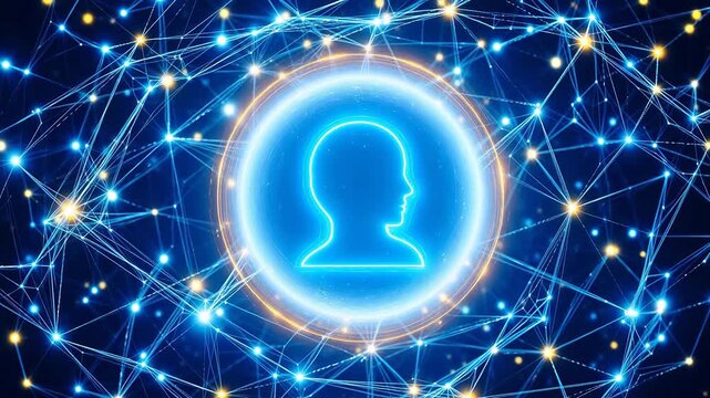 Human head silhouette in glowing network
