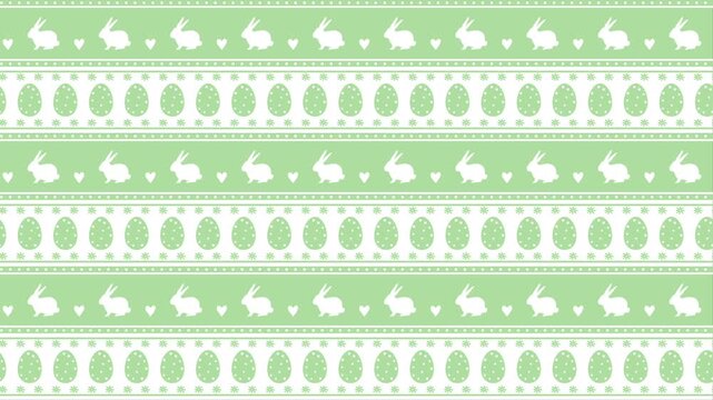 Easter Animated Striped Pattern with Easter Bunnies, Eggs, Flowers, Hearts. Loop Background. Happy Easter Geometric Design. Video in Green White