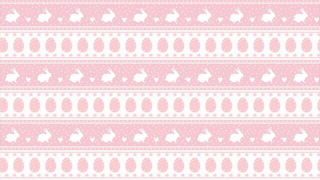 Easter Animated Striped Pattern with Easter Bunnies, Eggs, Flowers, Hearts. Loop Background. Happy Easter Geometric Design. Video in Pink White