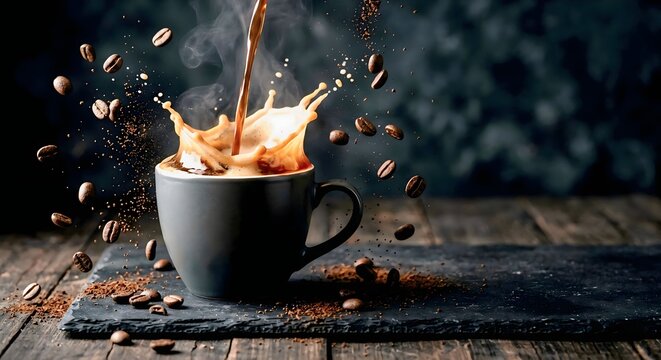 Dynamic Splash of Fresh Coffee in a Dark Rustic Ambience