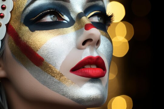Woman's portrait with creative metallic gold and silver face paint against bokeh lights