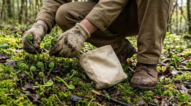 Foraging fresh coiled spring fiddlehead ferns in a damp forest with a canvas pouch
