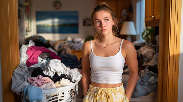 Teenage rebellion evident in deliberately messy room, parent standing at threshold with laundry basket, unmade bed and scattered clothes creating intentional chaos in afternoon sunlight, perfect for