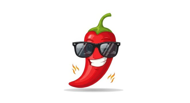 a red pepper wearing sunglasses with a smiling face and cartoon style lightning bolts on a white bac