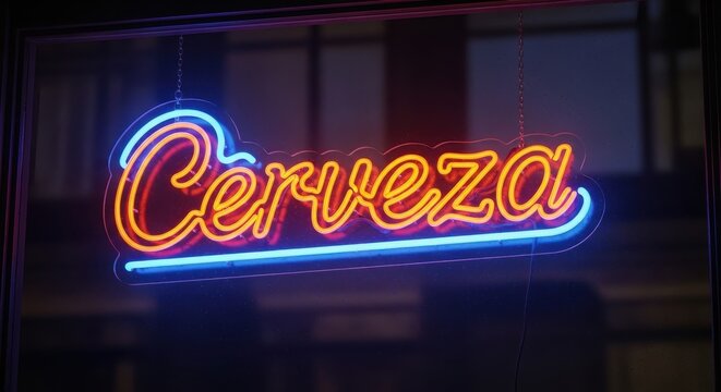 A bright neon sign reading Cerveza in a dark environment with a blue and orange glow advertising sig