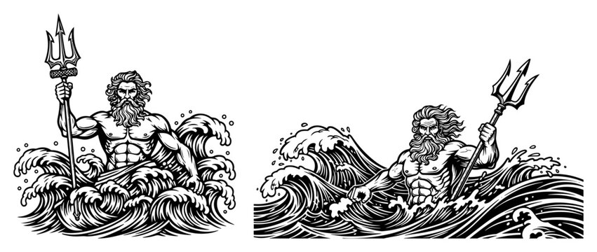 God poseidon emerging from sea waves holding a trident weapon