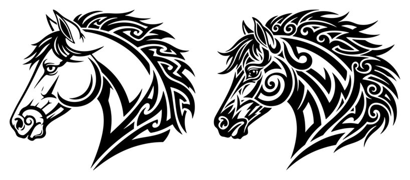 Ornamental tribal horse head tattoo design in black and white