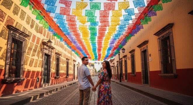 a couple standing in a colorful alleyway with paper banners overhead adult couple alleyway scene bac