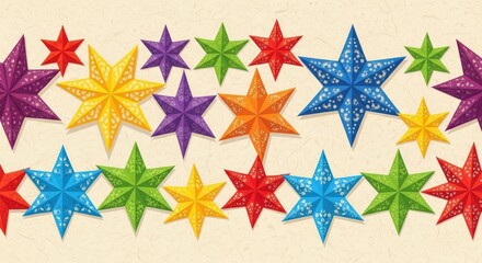 Obraz premium A vibrant assortment of colorful paper stars on a beige background with a white space below them for