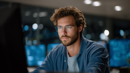 Obraz premium Cybersecurity analyst examines biometric authentication breach attempt logs on monitors in dramatic server room with emergency lighting, ideal for identity theft prevention and modern data protectio