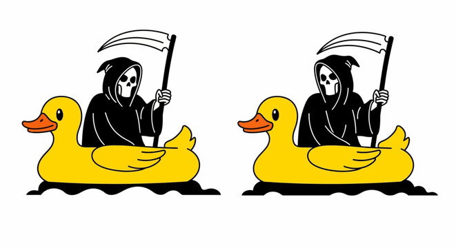 Spooky Grim Reaper Figure Riding Yellow Rubber Duck Float in Murky Waters.
