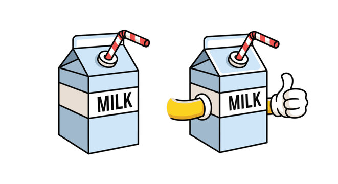 Whimsical cartoon illustration of milk carton with straw and banana spout thumbs up.